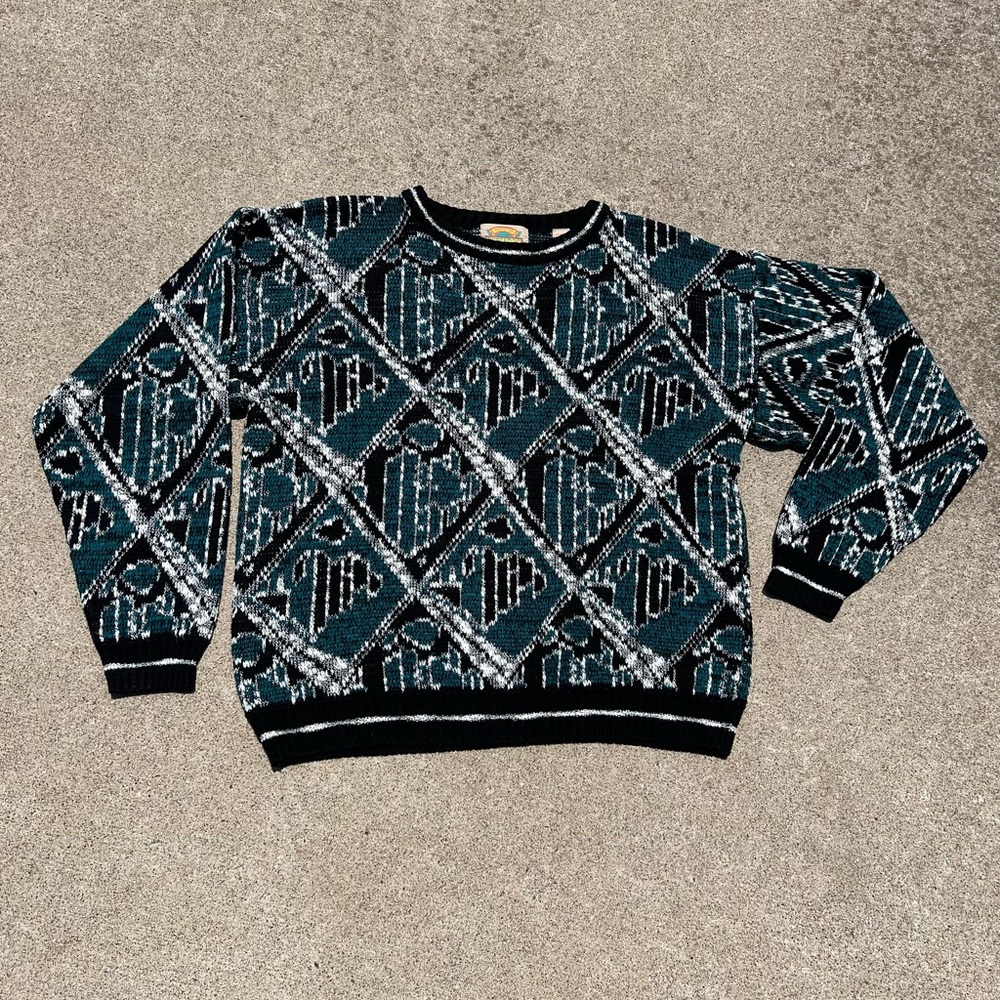 Brad Richards Sweater L Retro Geometric‎ Print Crewneck Knit Streetwear Vintage